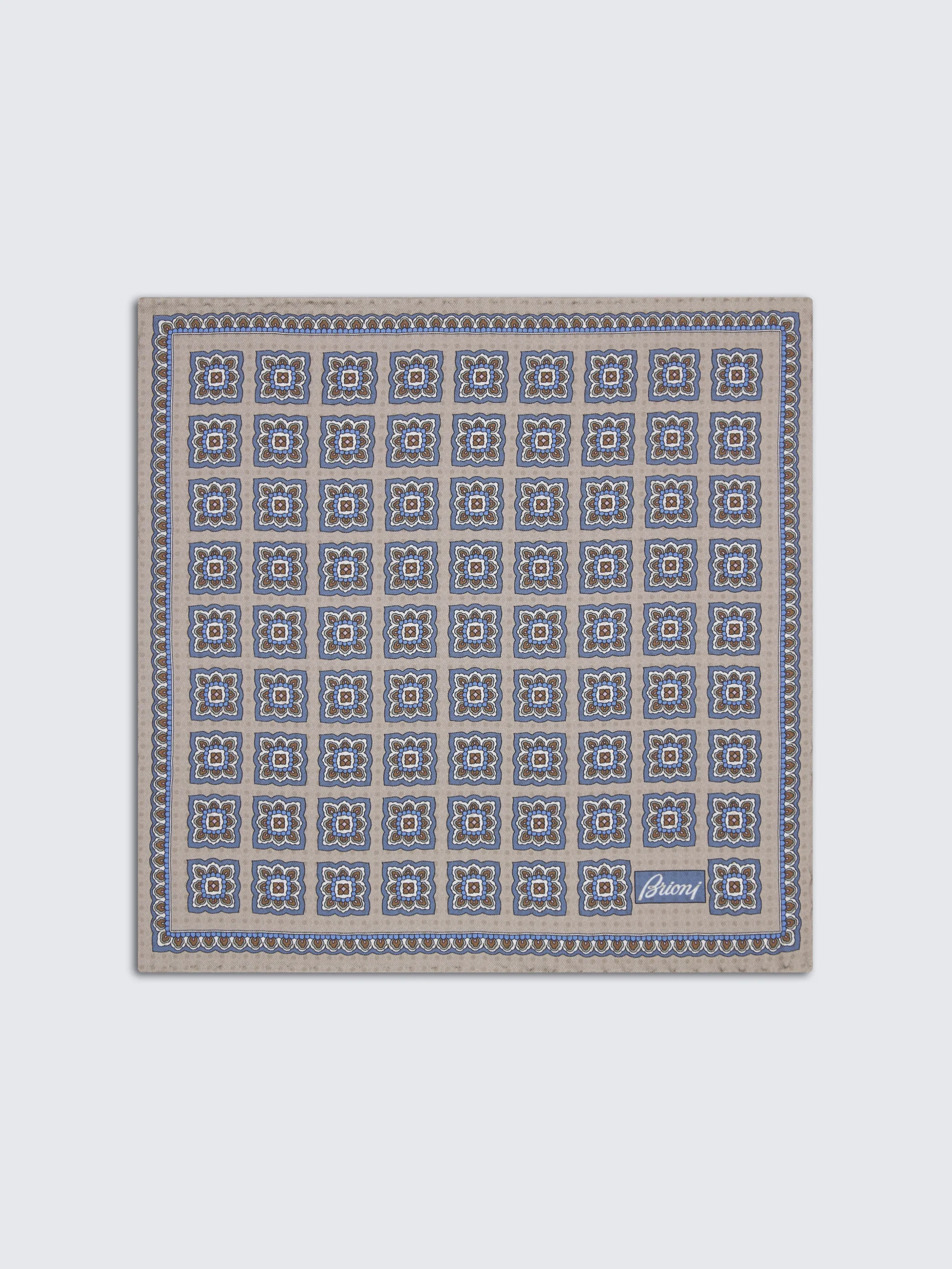 Beige and light blue motif silk pocket square