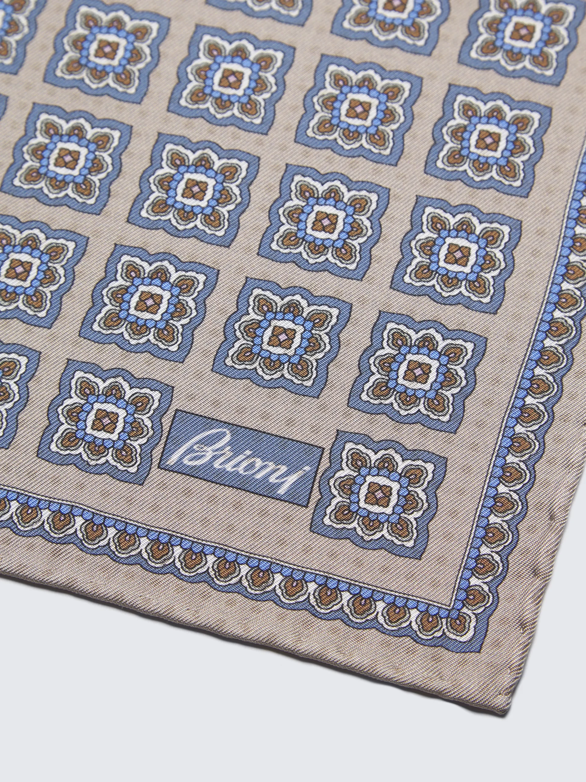 Beige and light blue motif silk pocket square