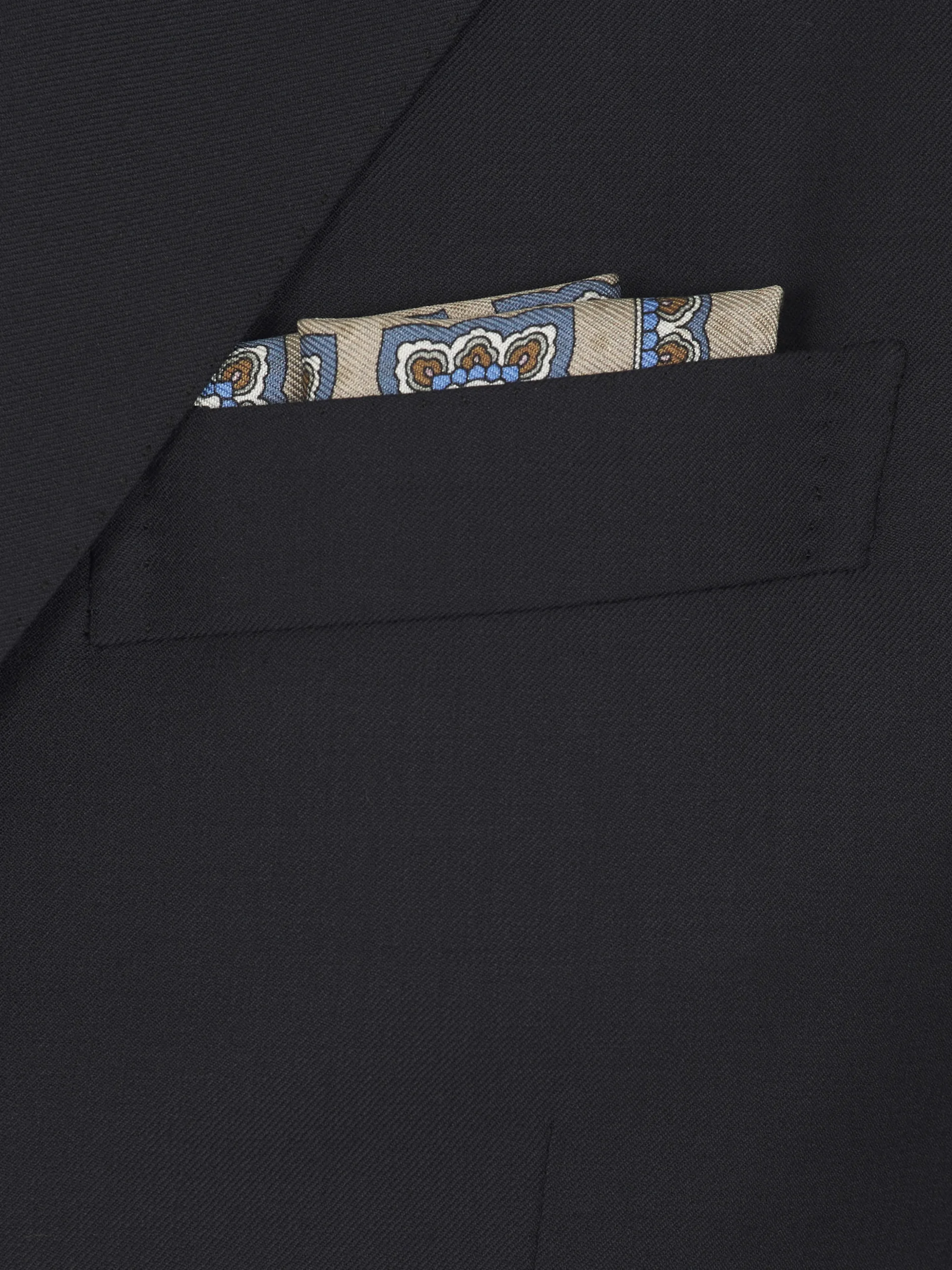 Beige and light blue motif silk pocket square