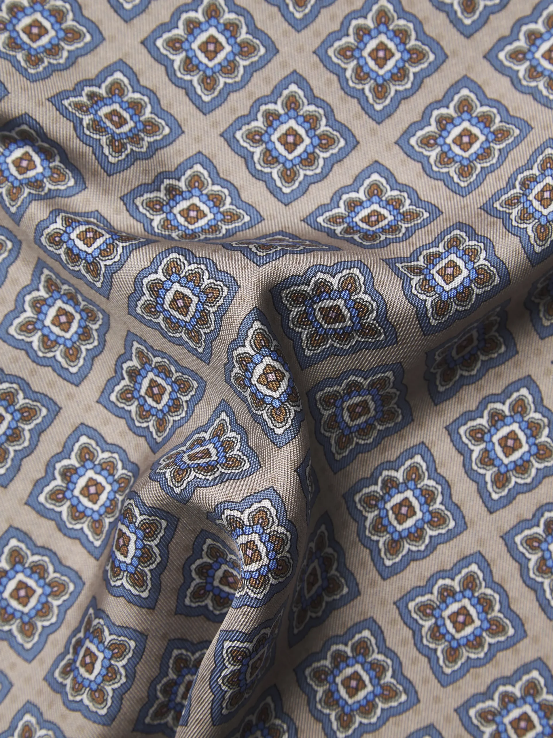 Beige and light blue motif silk pocket square