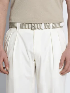 Beige and white cotton and calf leather braided belt