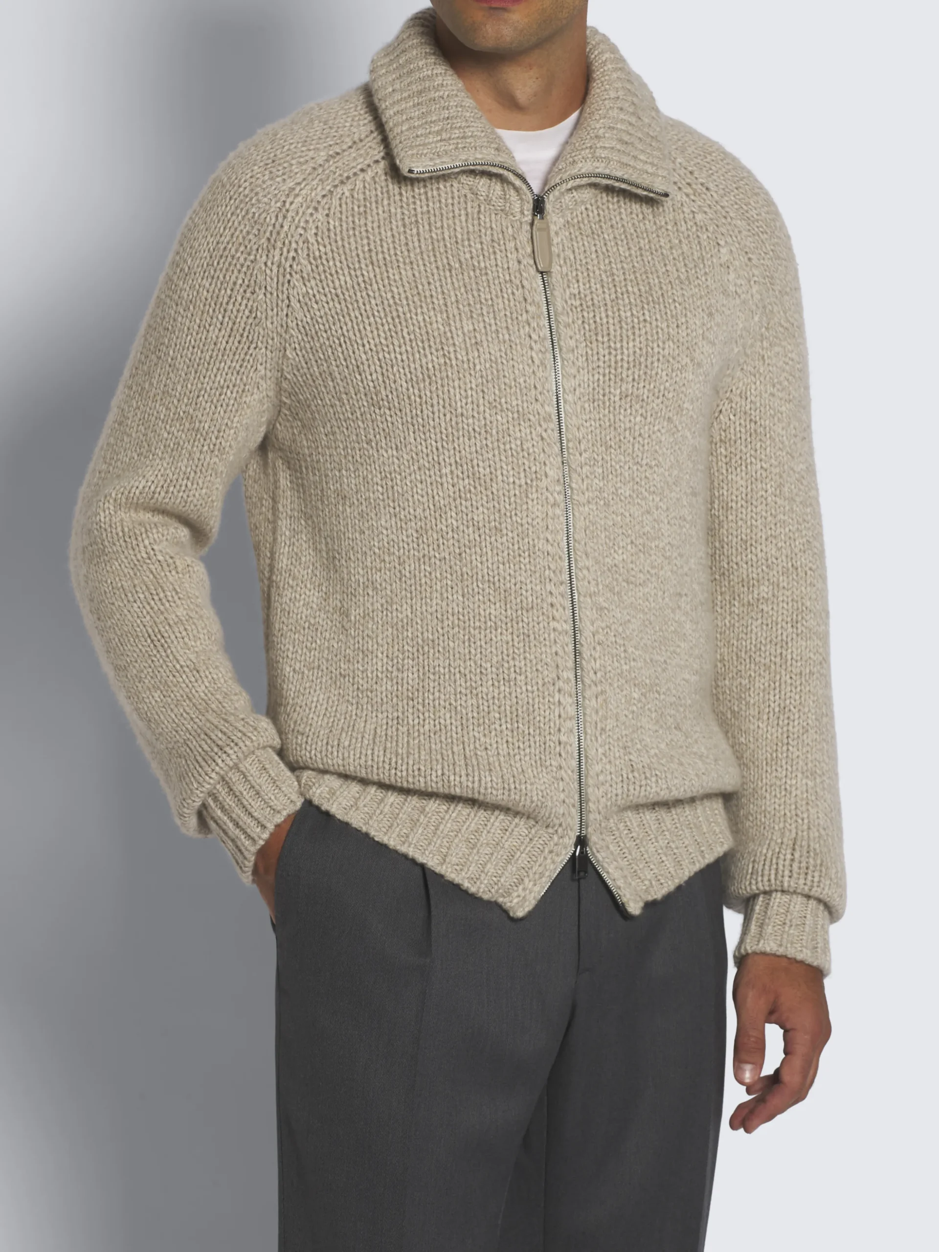 Beige cashmere mouliné full-zip sweater