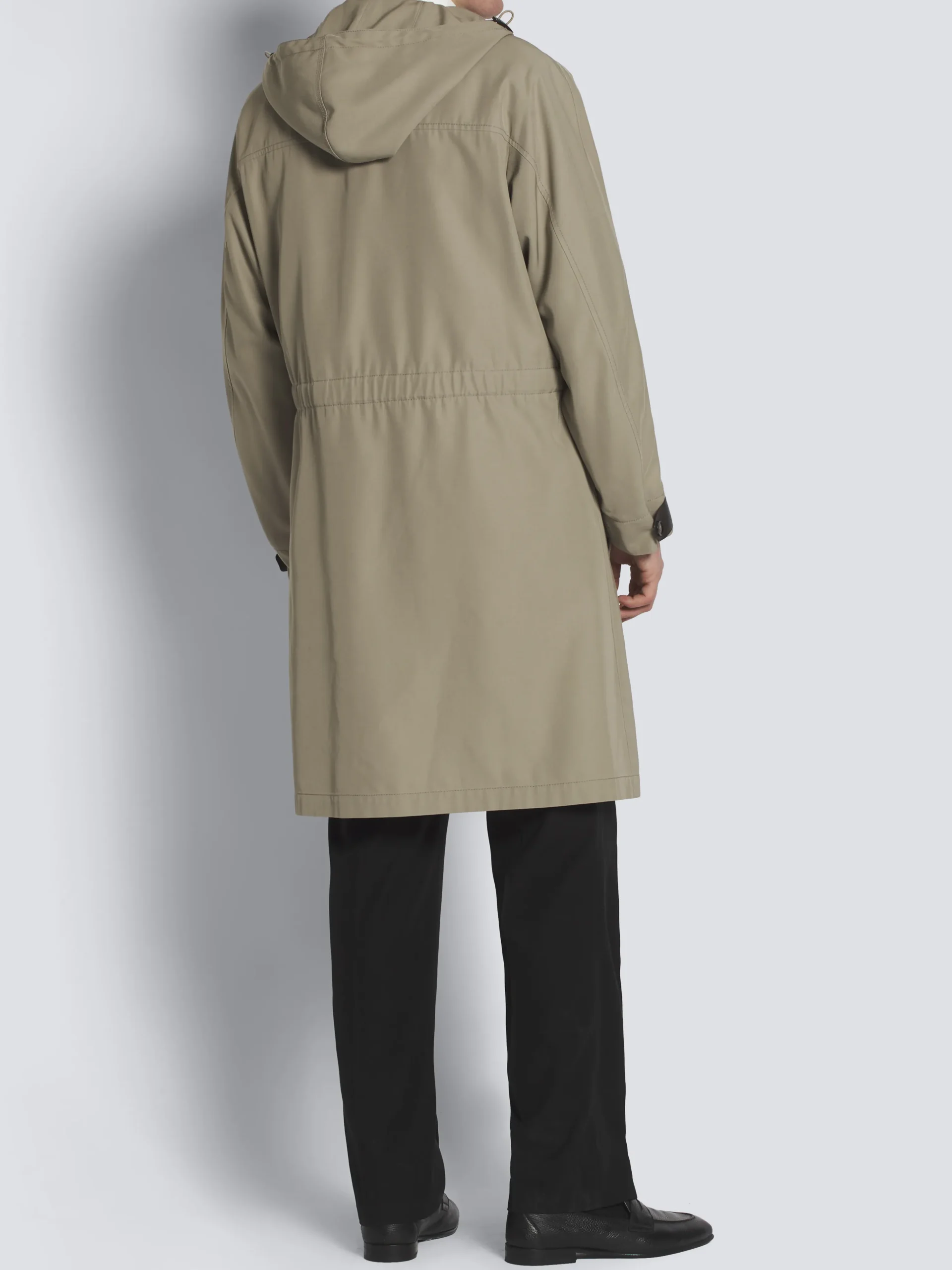 Beige silk gabardine hooded parka