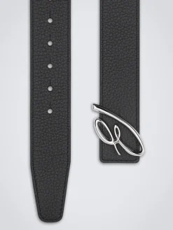 Black and taupe calfskin and grained leather reversible belt