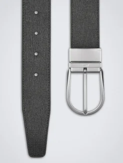 Black calf and grained leather reversible belt