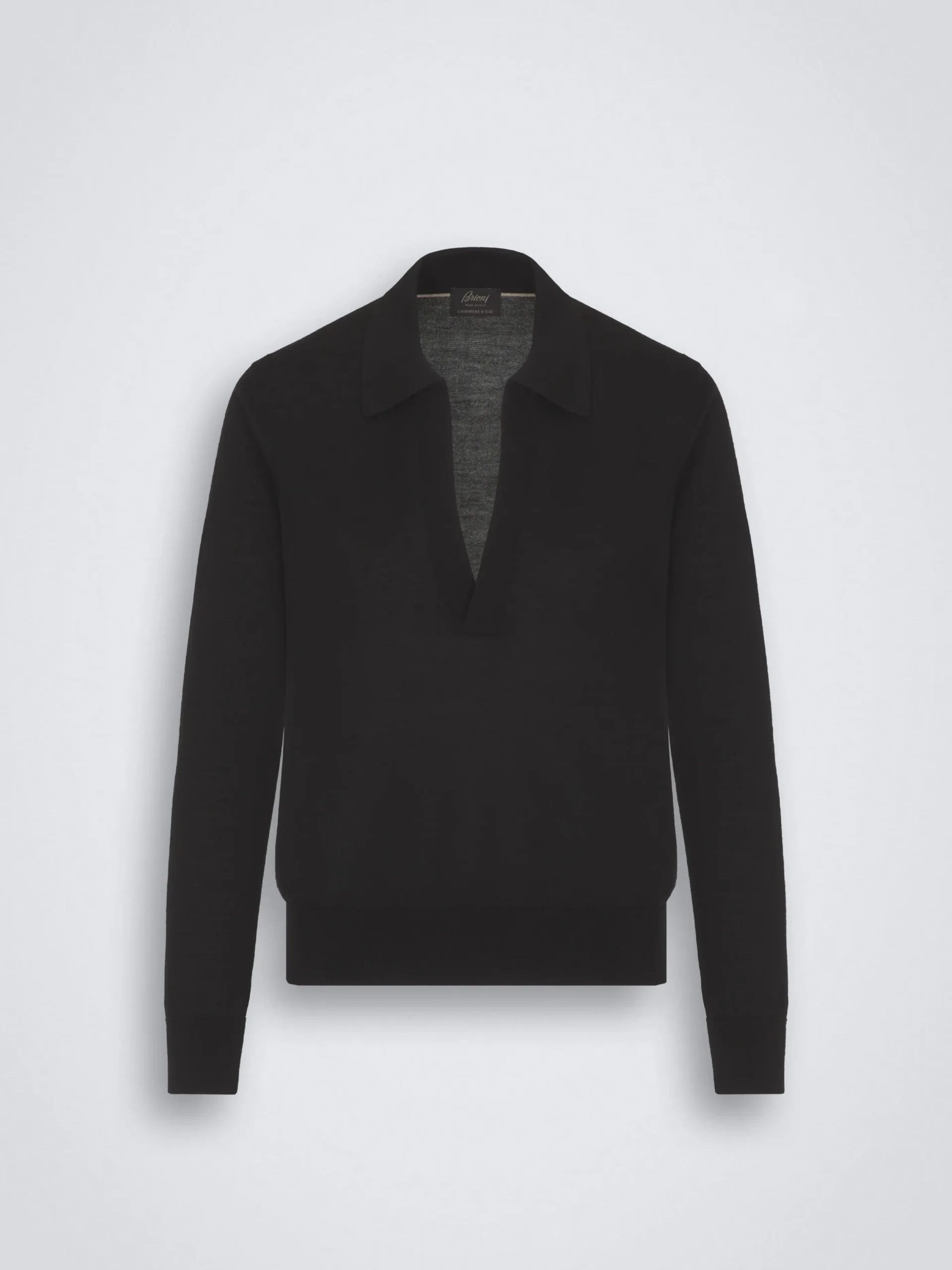Black cashmere and silk long-sleeved V-neck polo