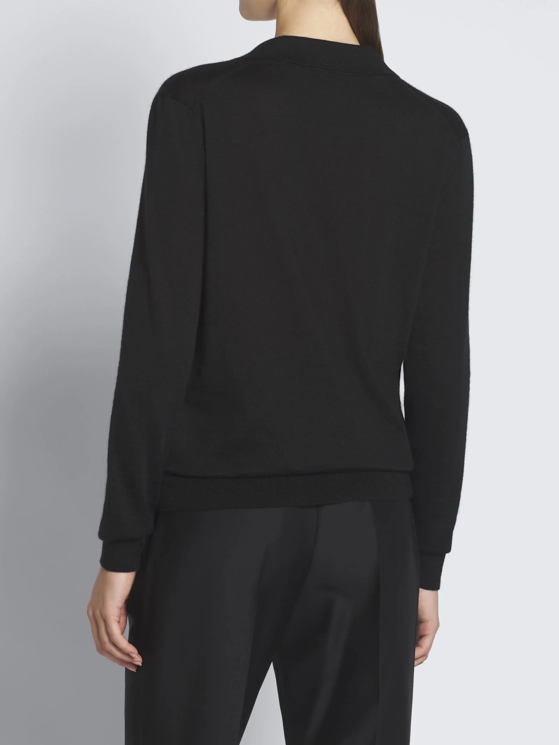 Black cashmere and silk long-sleeved V-neck polo