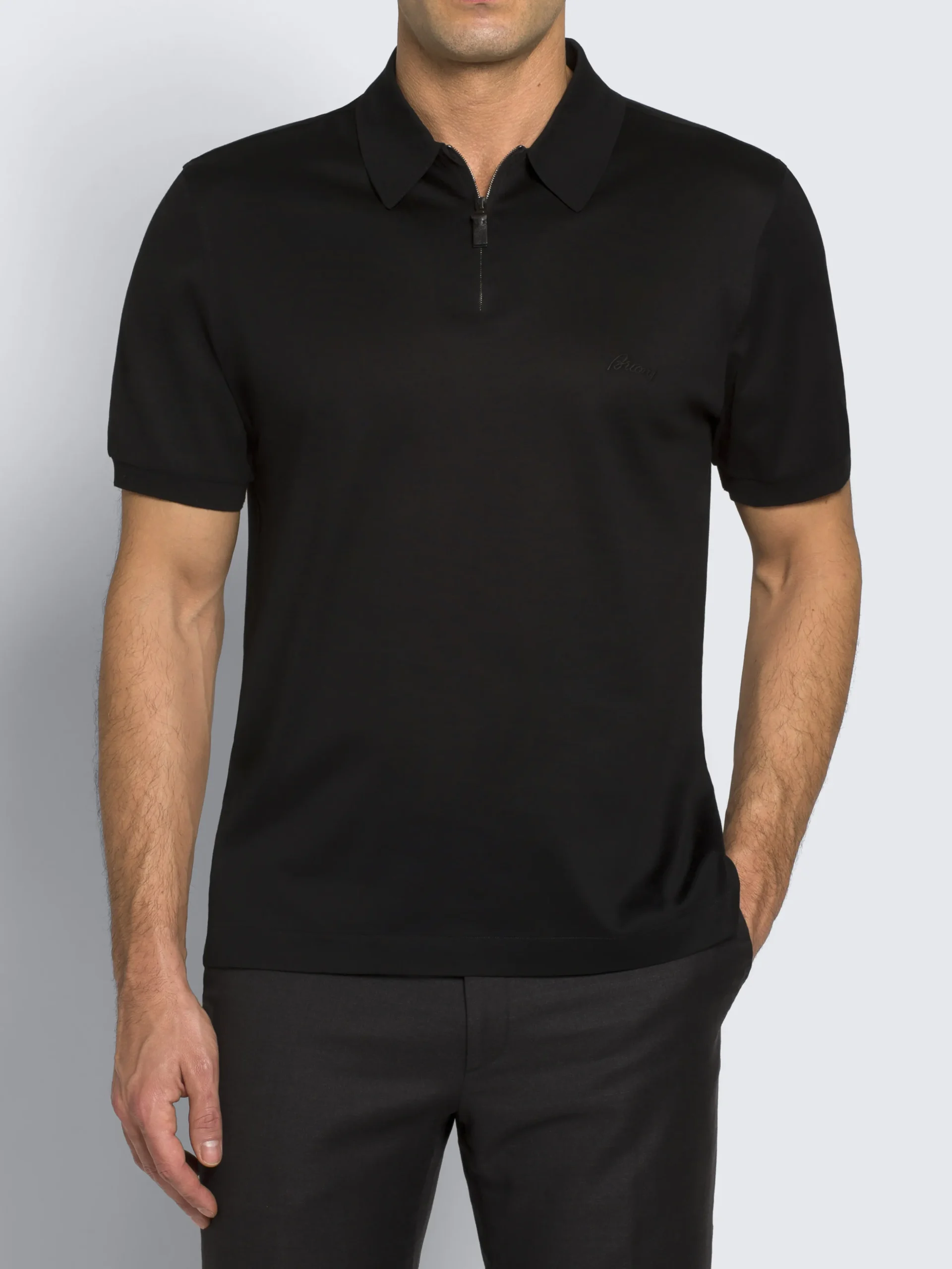 Black cotton zip polo