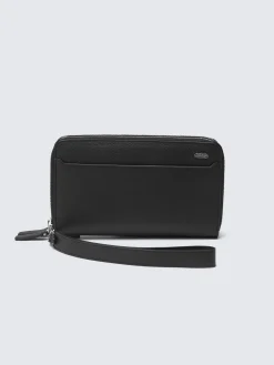 Black grained leather double zip wallet