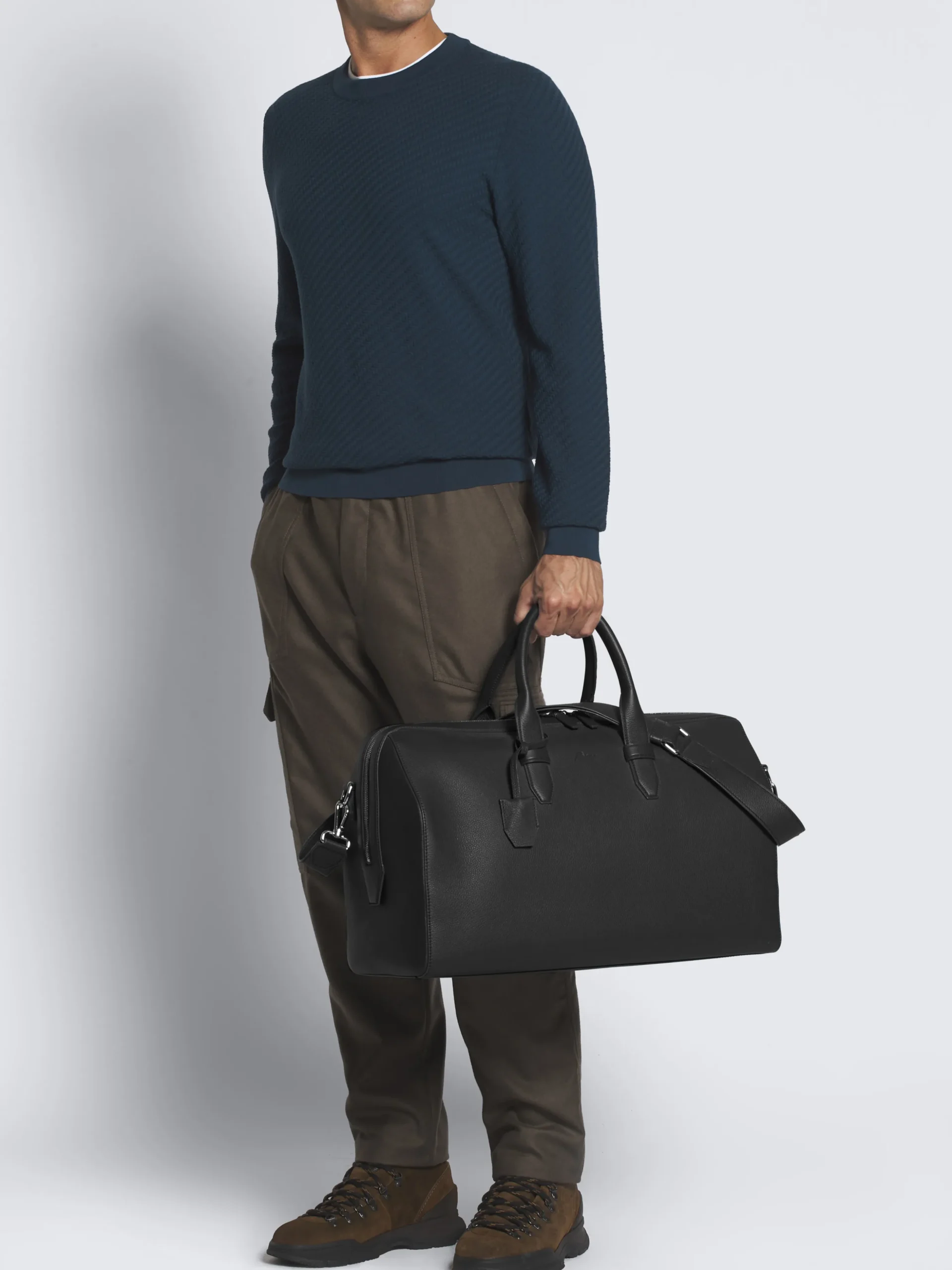 Black grained leather duffle bag