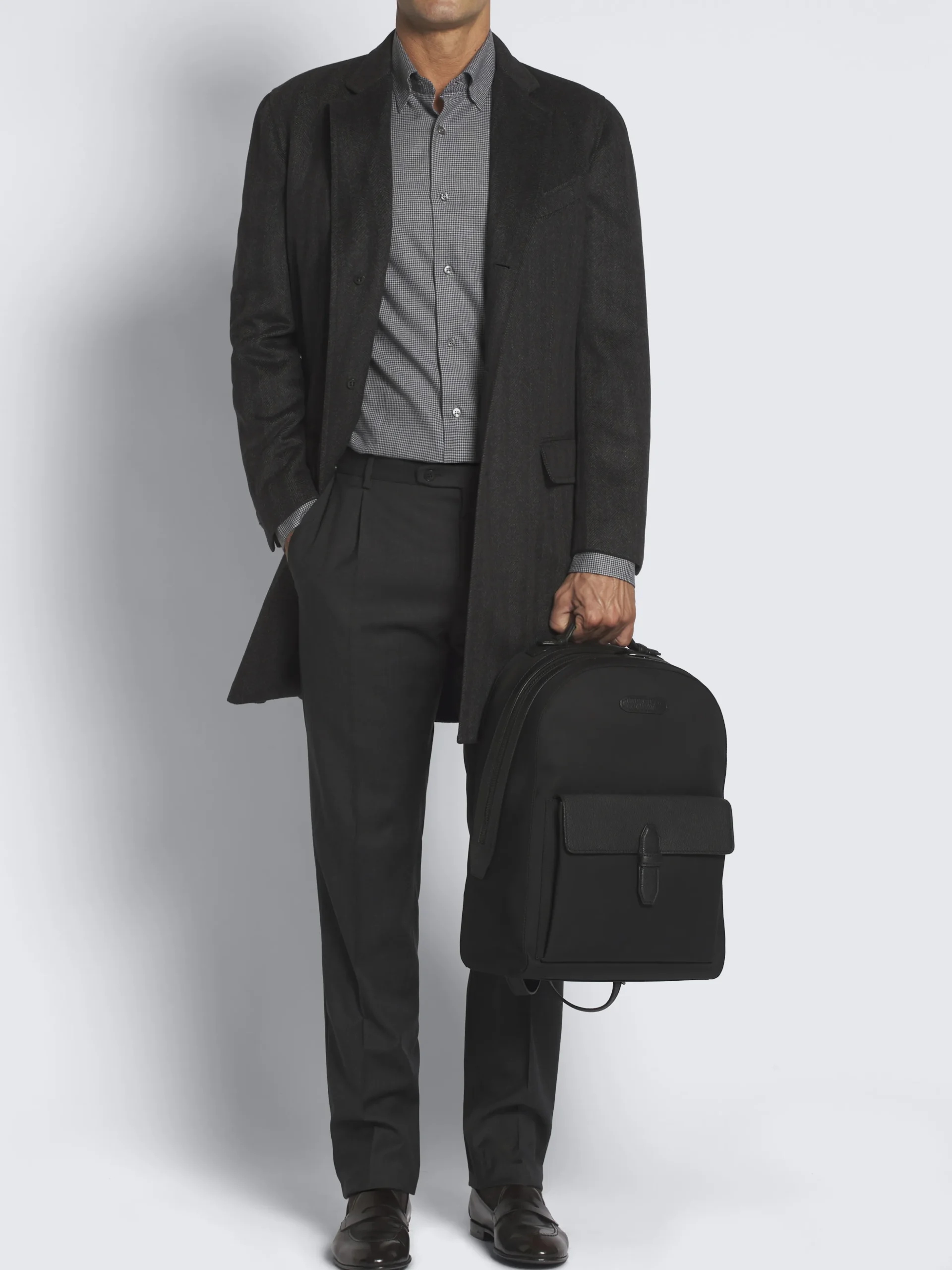 Black nylon and grained leather backpack