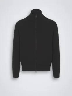 Black organic cotton, silk and cashmere Trama weave full-zip sweater
