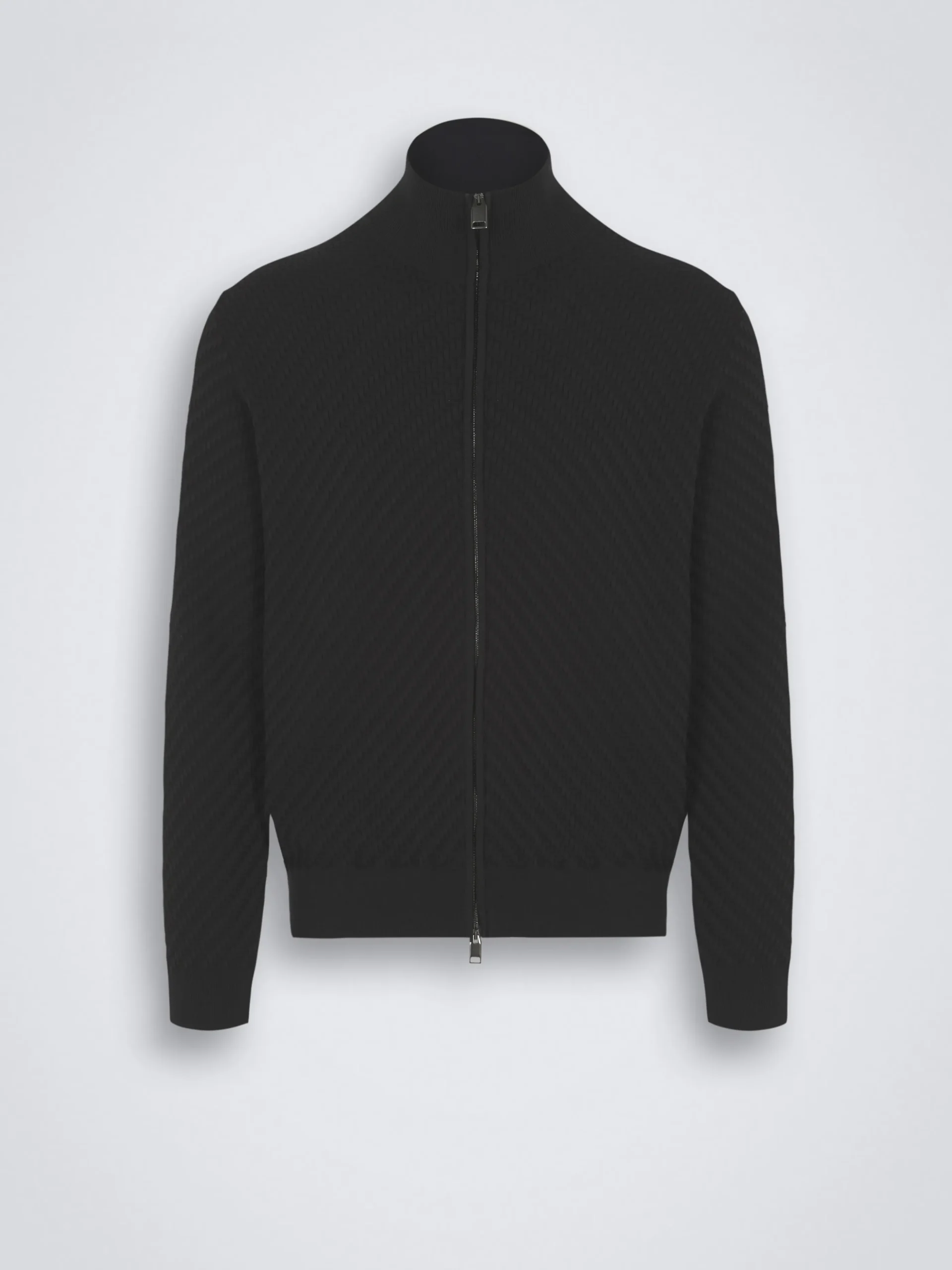 Black organic cotton, silk and cashmere Trama weave full-zip sweater