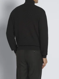 Black organic cotton, silk and cashmere Trama weave full-zip sweater