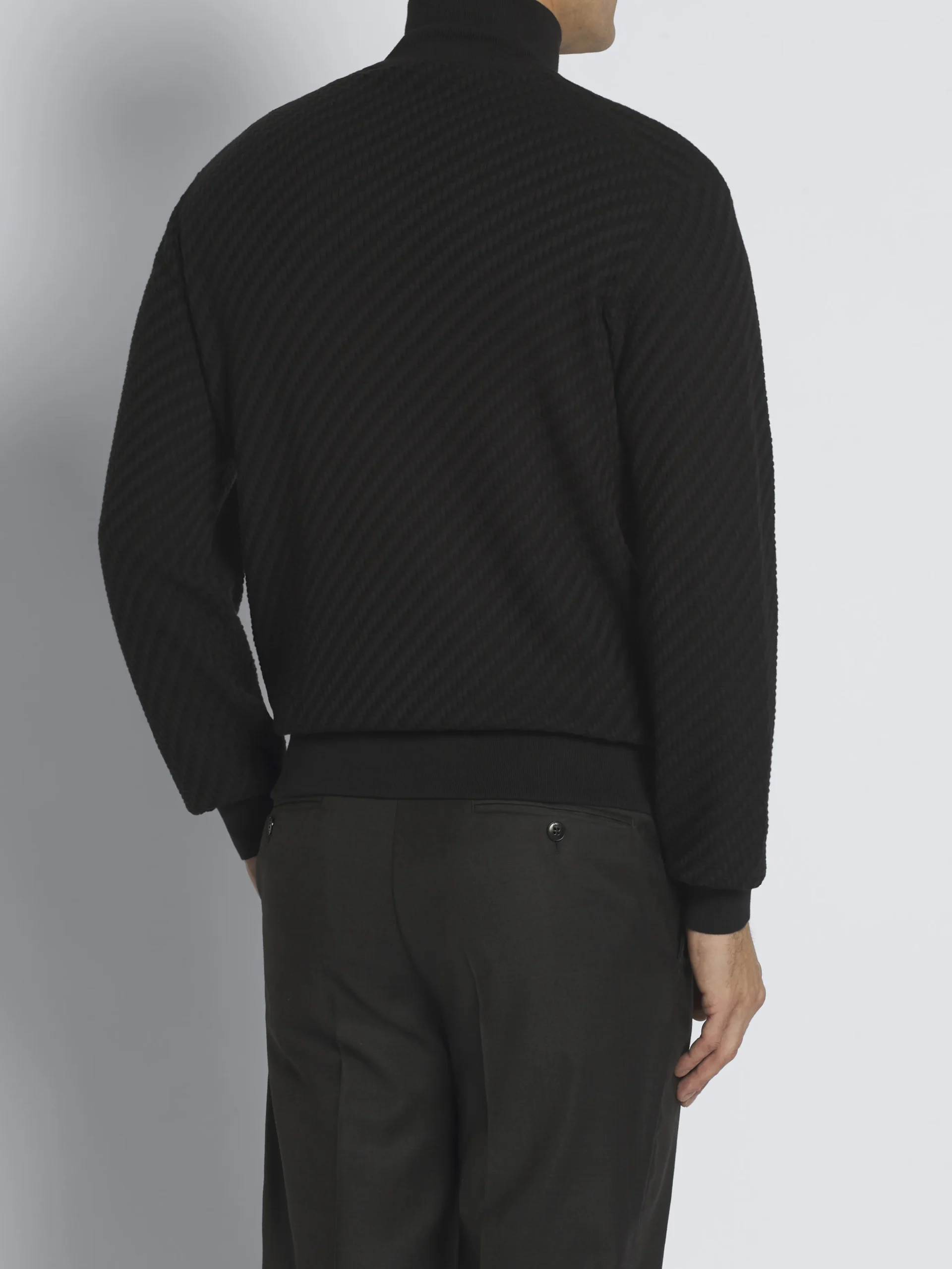 Black organic cotton, silk and cashmere Trama weave full-zip sweater