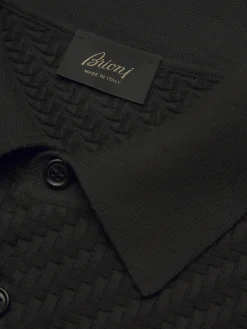 Black organic cotton, silk and cashmere Trama weave polo sweater