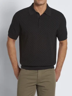Black organic cotton, silk and cashmere Trama weave polo