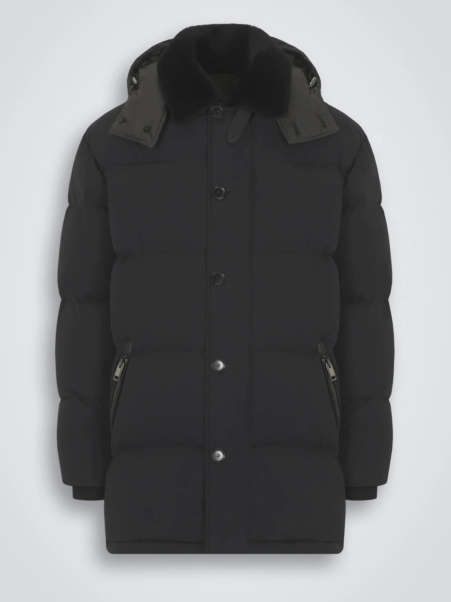 Black technical wool and nylon long puffer