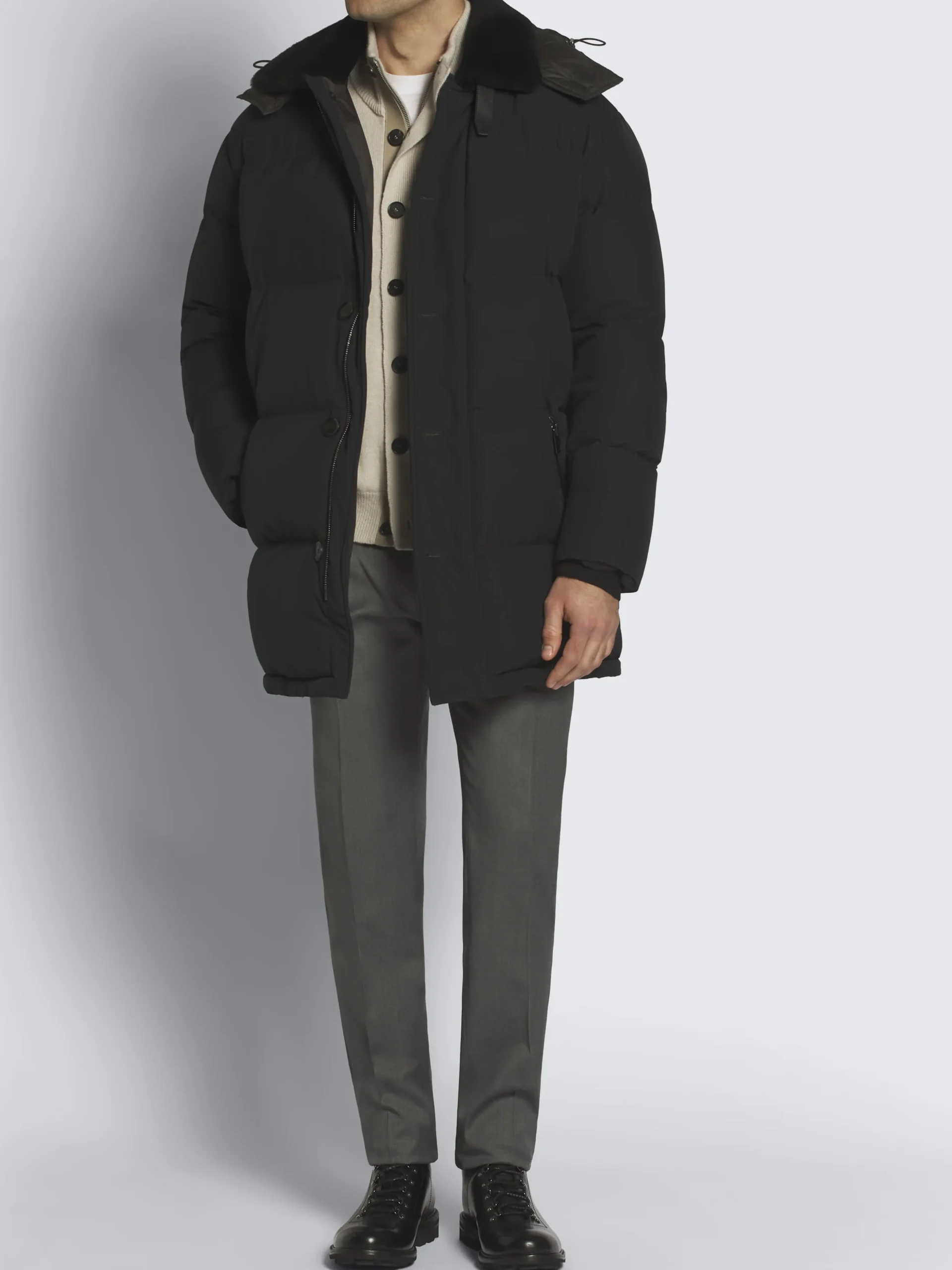 Black technical wool and nylon long puffer