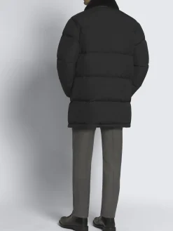 Black technical wool and nylon long puffer