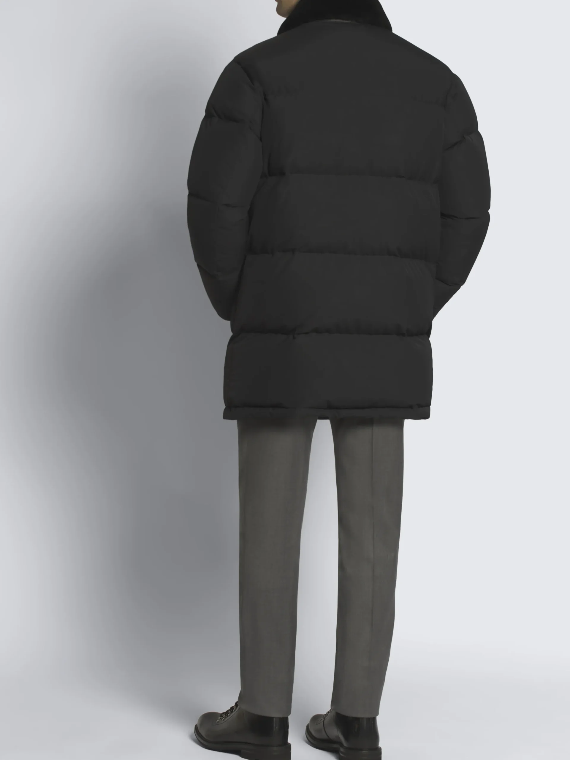 Black technical wool and nylon long puffer
