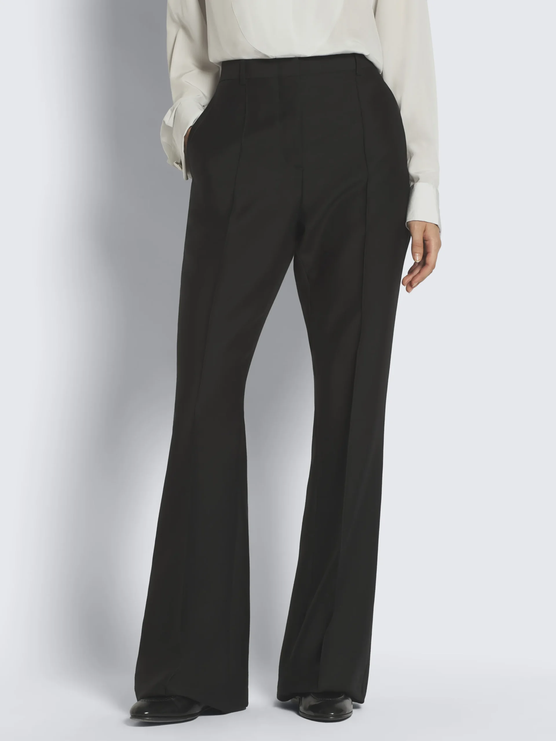 Black wool and silk satin flare trousers