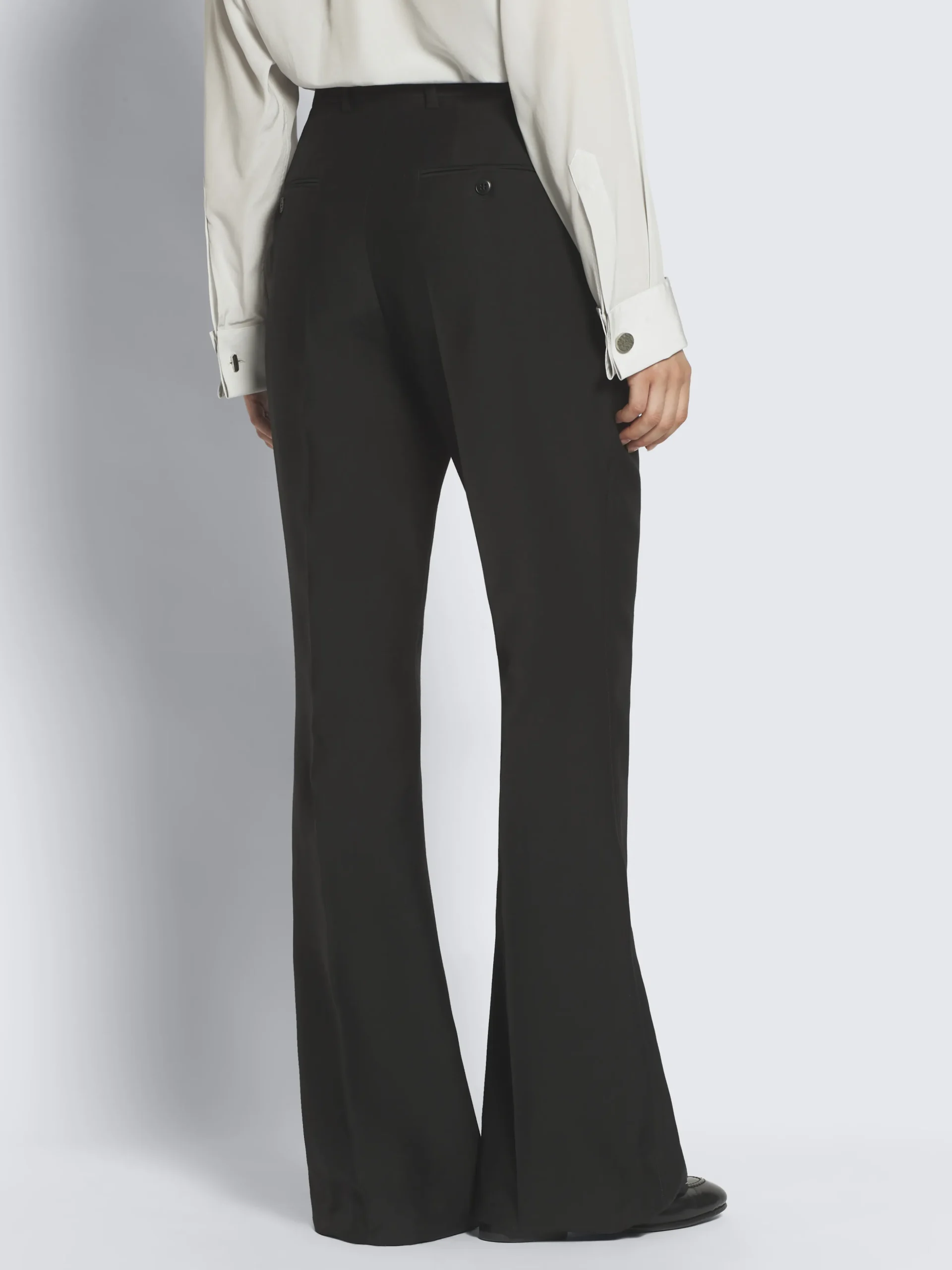 Black wool and silk satin flare trousers