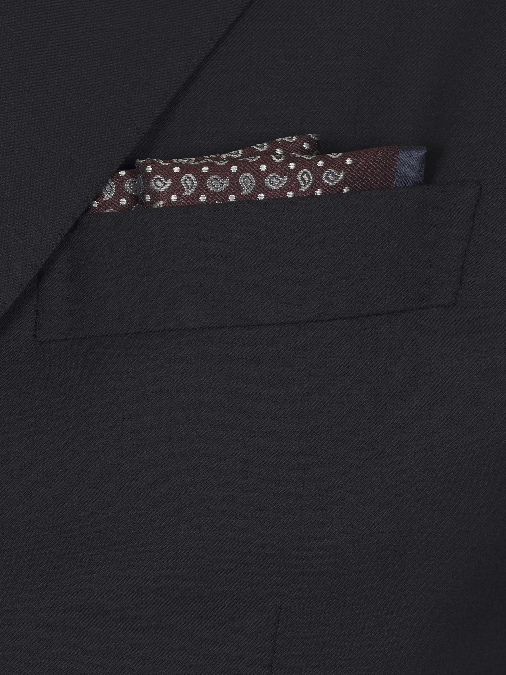 Bordeaux and midnight blue paisley motif jacquard silk pocket square