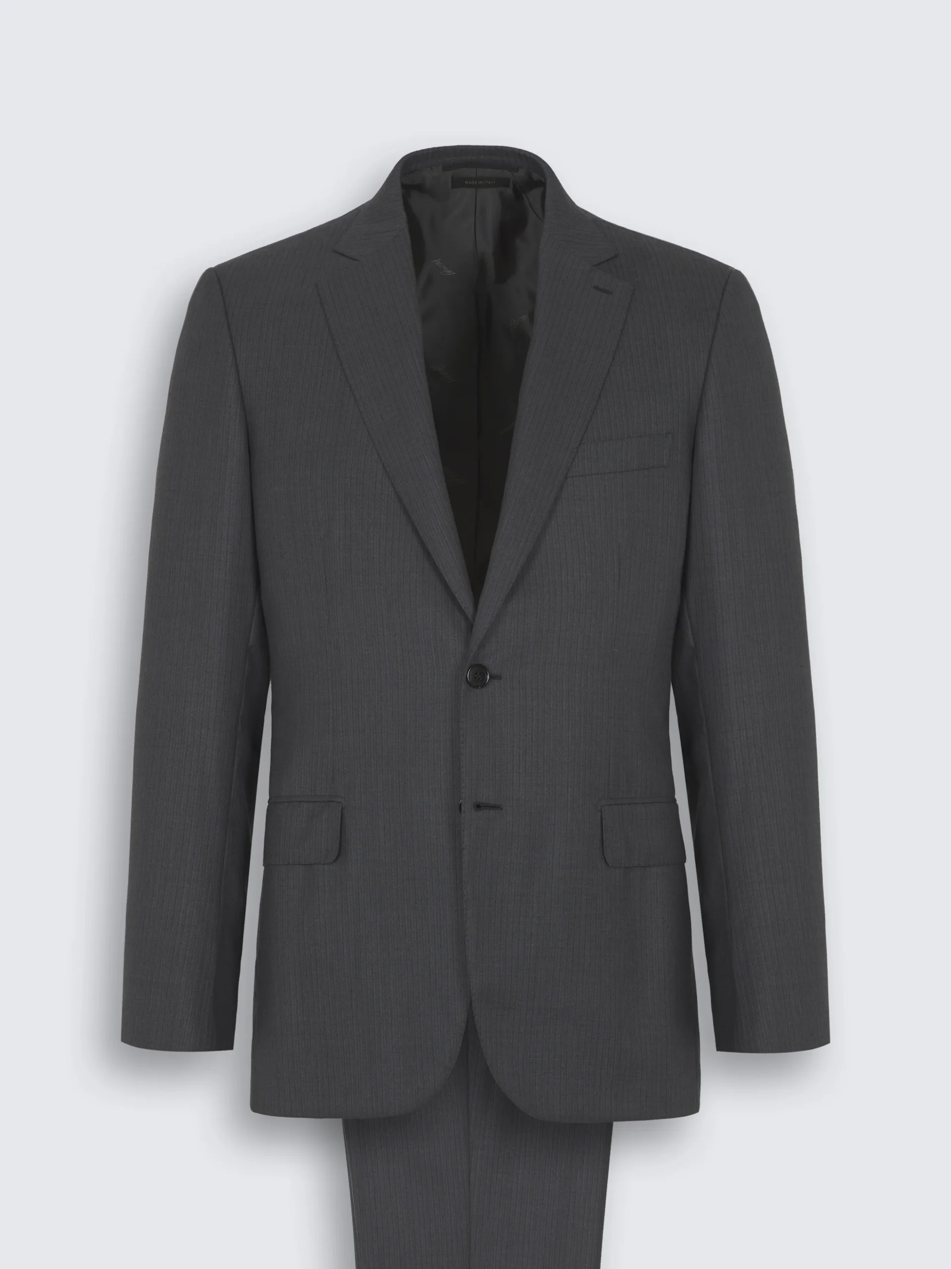 Charcoal grey pinstriped herringbone Utopia Super 220's wool Brunico suit