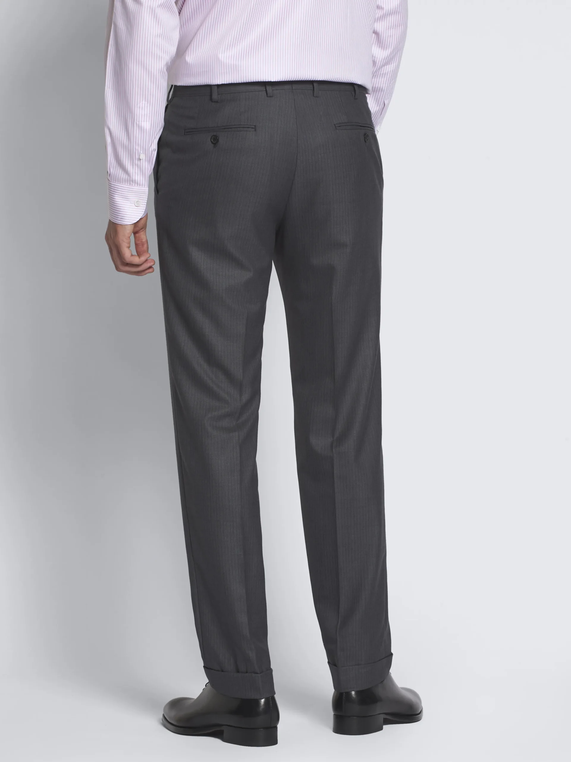 Charcoal grey pinstriped herringbone Utopia Super 220's wool Brunico suit