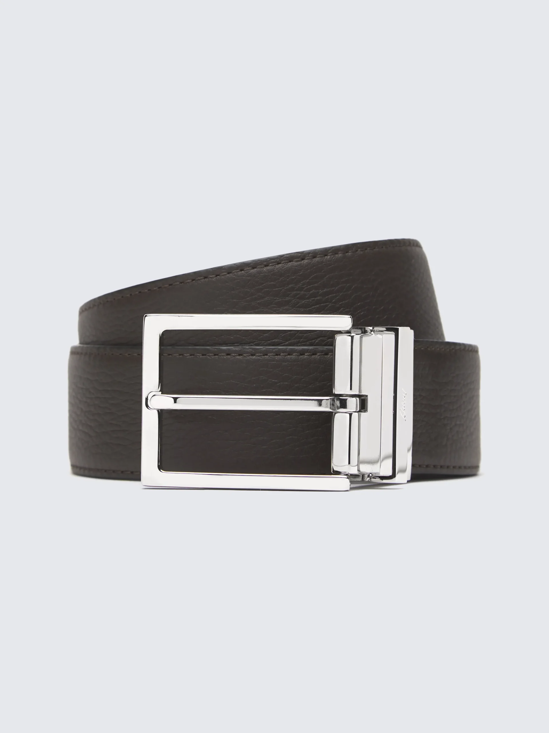 Dark brown and black grained and nappa calfskin reversible belt