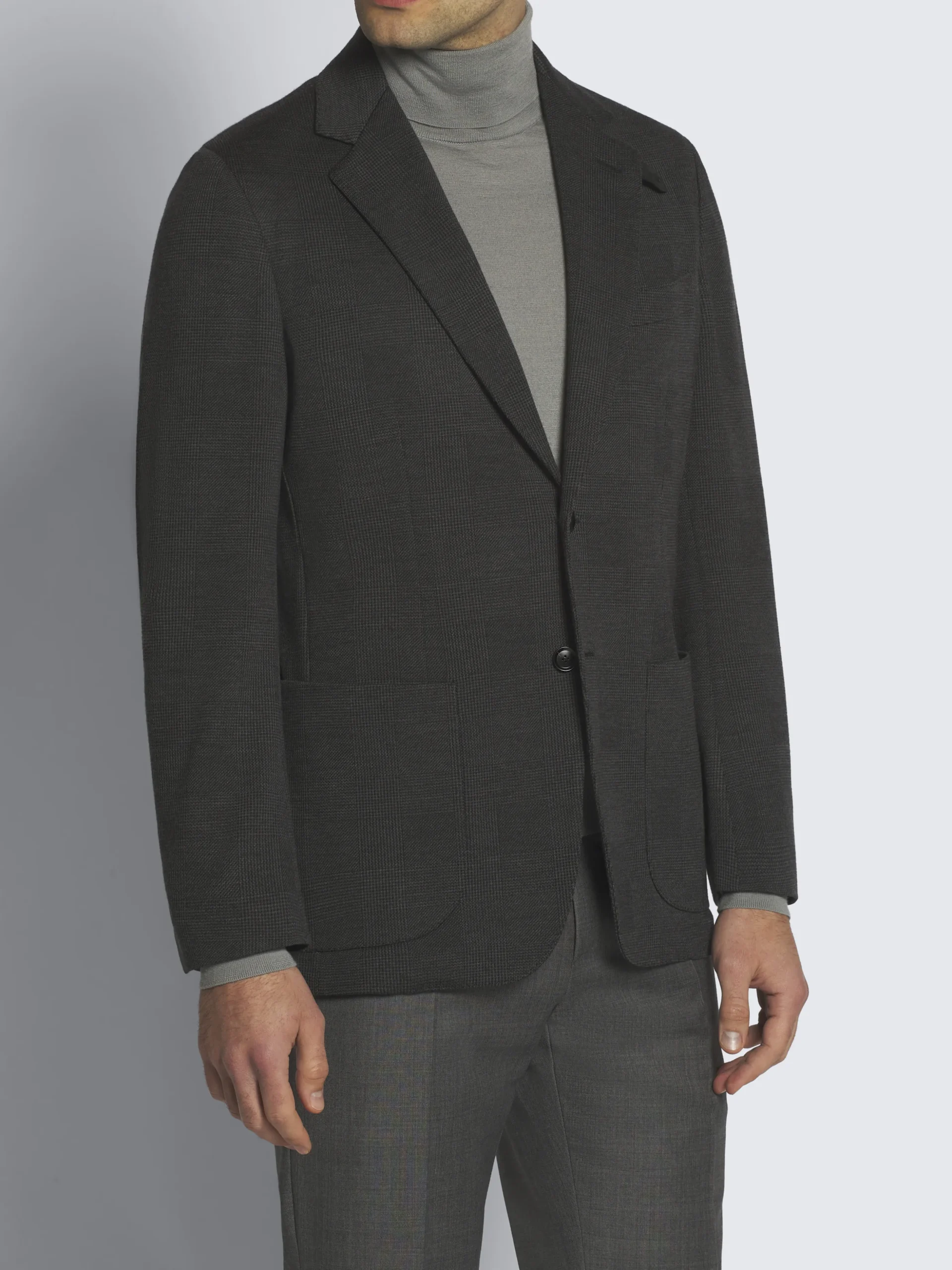 Dark grey and black wool glen plaid jersey blazer