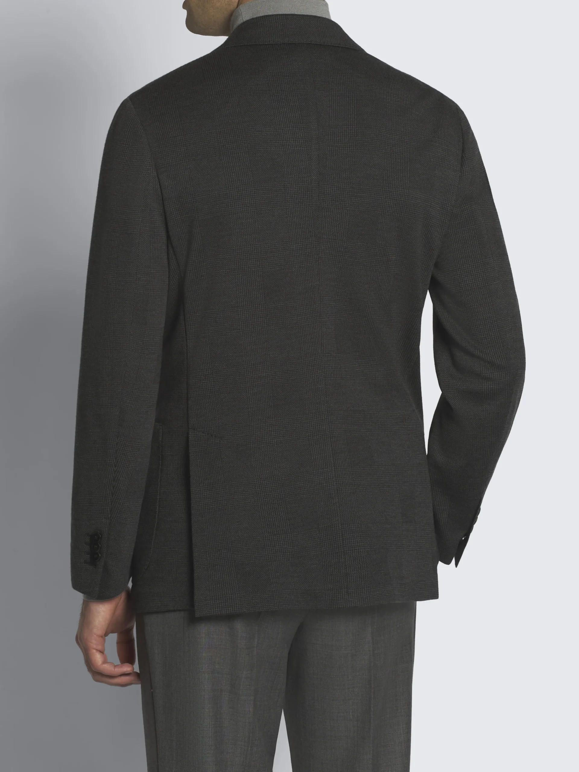 Dark grey and black wool glen plaid jersey blazer