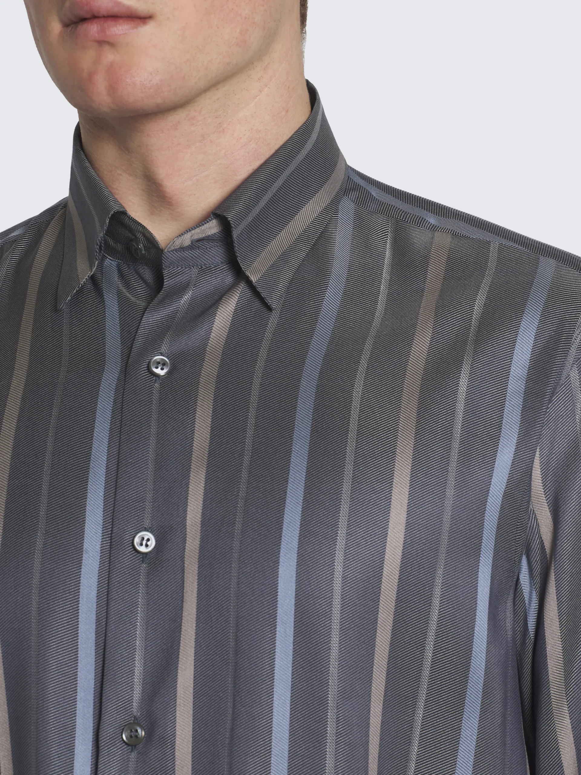 Dark grey, beige and sky blue striped silk hidden button-down shirt