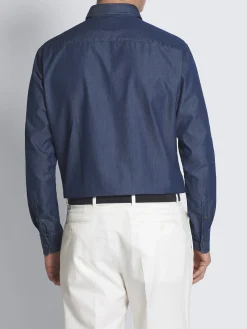 Denim blue cotton hidden button-down shirt