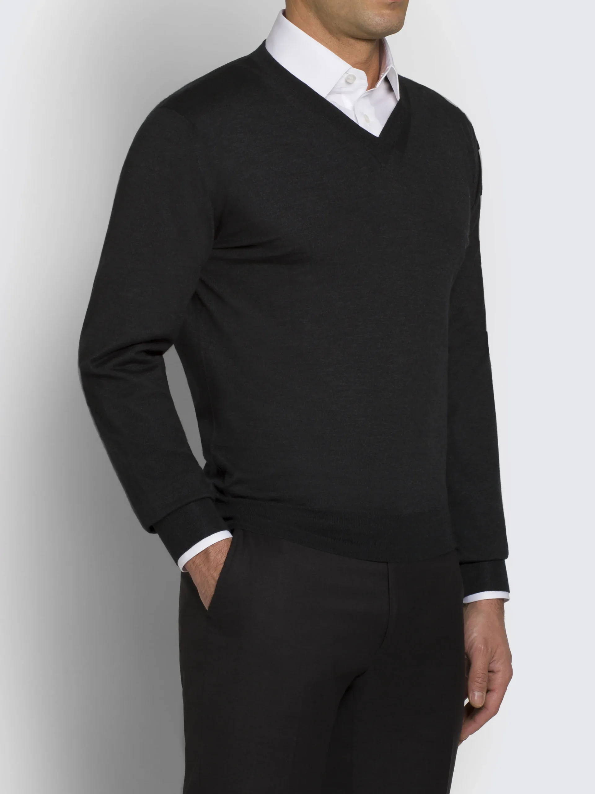 Essential dark grey wool, cashmere and silk V-neck sweater
