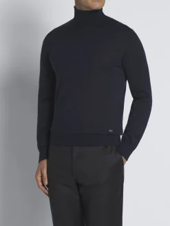 Essential midnight blue cashmere and silk turtleneck sweater