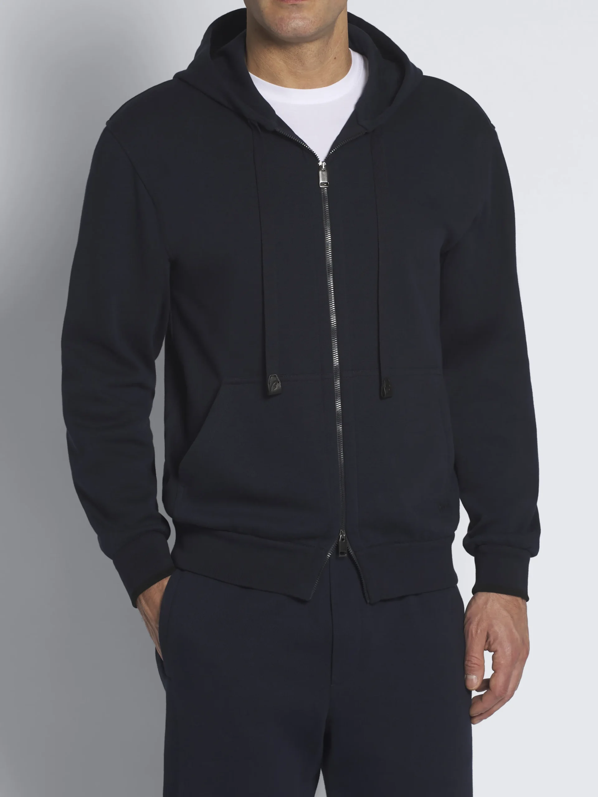 Essential navy blue stretch cotton full-zip hooded blouson