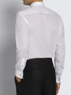 Essential white cotton French cuff evening shirt with plastron