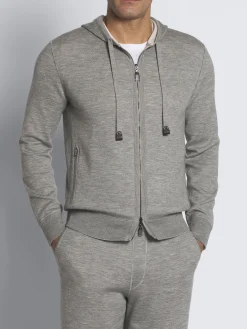 Grey and ivory white cashmere, silk and cotton reversible hooded blouson
