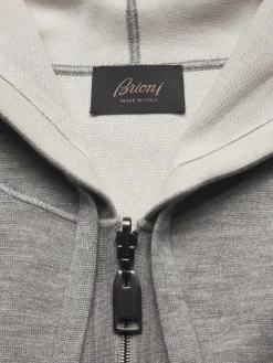 Grey and ivory white cashmere, silk and cotton reversible hooded blouson