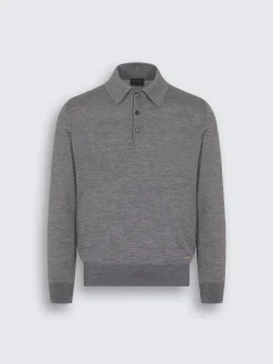 Grey cashmere and silk long-sleeved polo