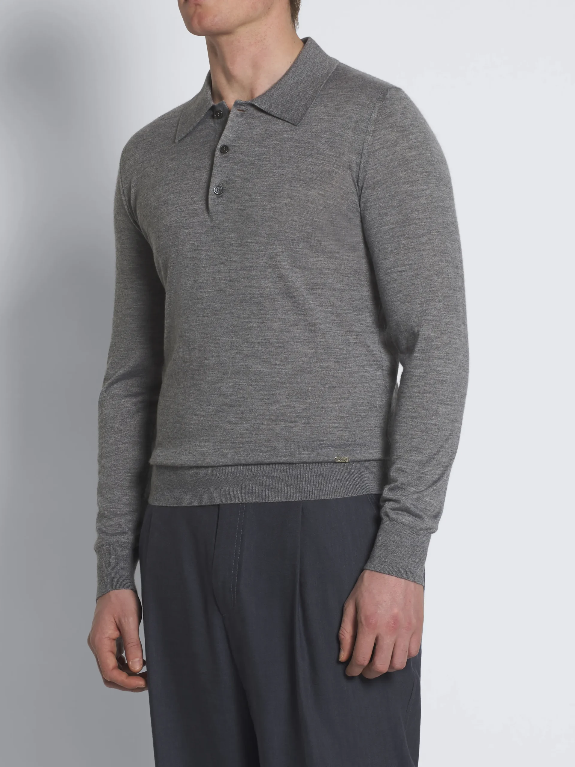 Grey cashmere and silk long-sleeved polo