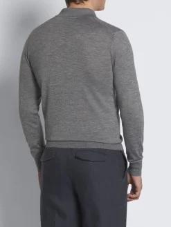 Grey cashmere and silk long-sleeved polo