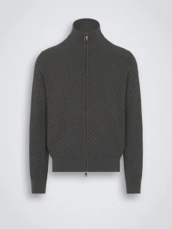 Grey organic organic cotton, silk and cashmere Trama weave full-zip sweater