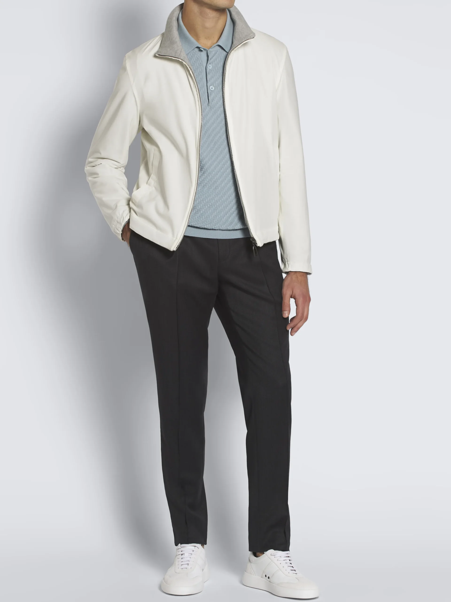 Ivory white and grey stretch silk and cotton jersey reversible blouson