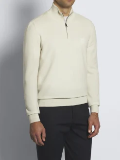 Ivory white cashmere and silk half-zip mockneck sweater