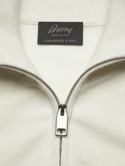 Ivory white cashmere and silk half-zip mockneck sweater