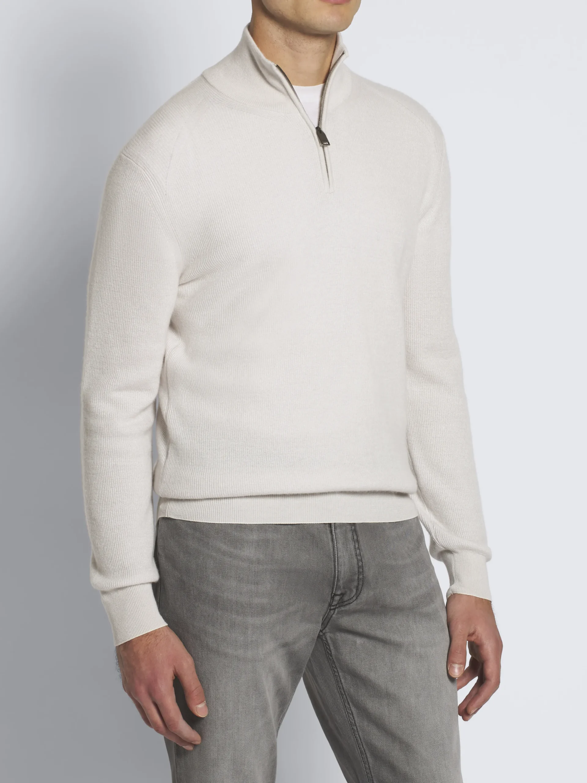 Ivory white cashmere and wool half-zip mockneck sweater