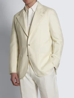 Ivory white herringbone wool, silk and linen Brera jacket